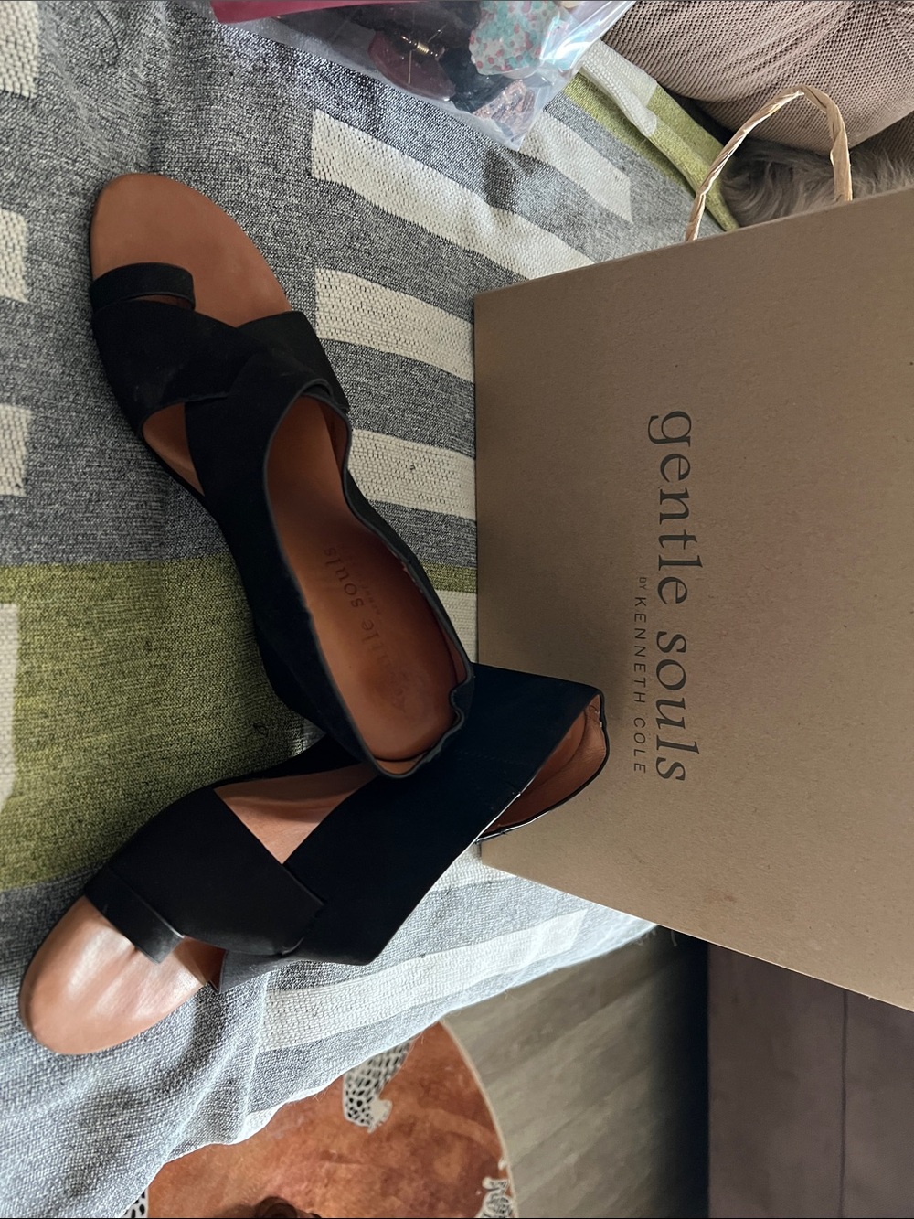 gentle souls Black Open-Toe Wedge Sandals with Crisscross Straps
